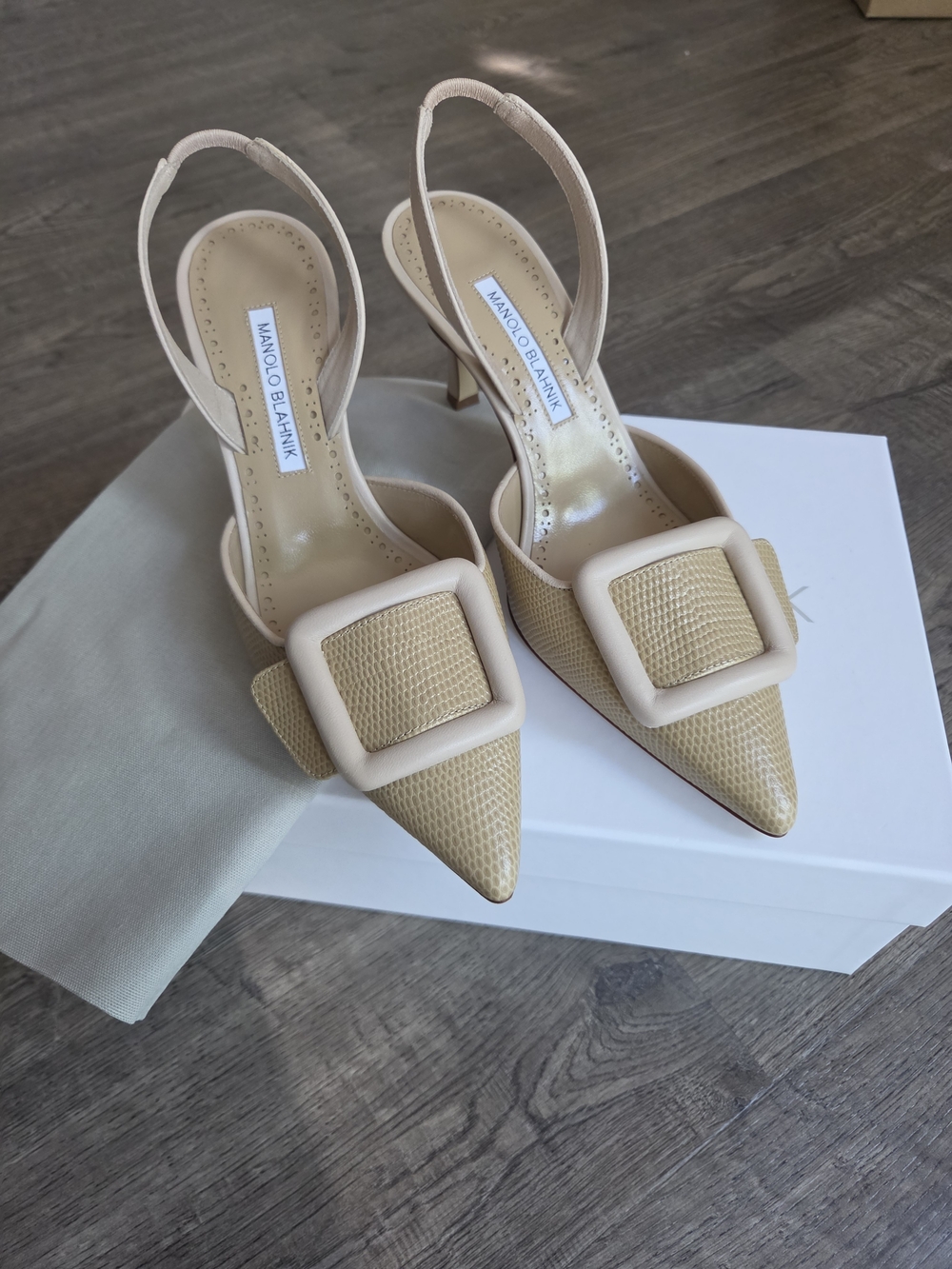 Light Beige Calf Leather Buckle Detail Slingback Pumps - Picture 8 of 10